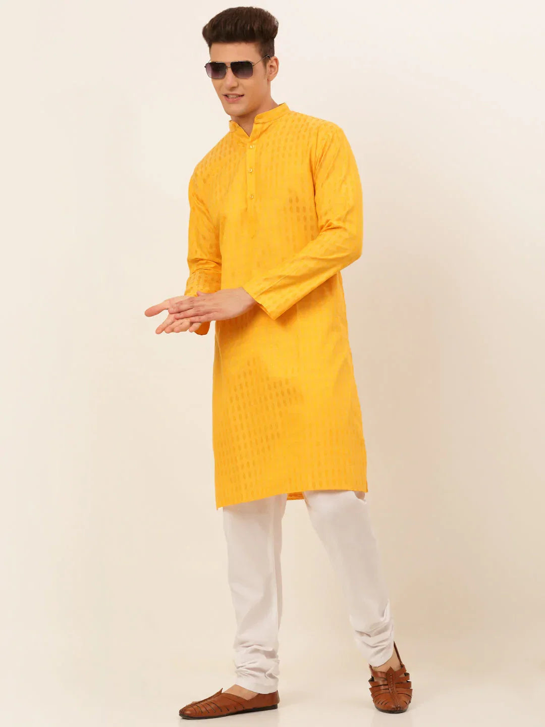 Jompers Men's Mustard Woven Design Kurta Only | Grocsy