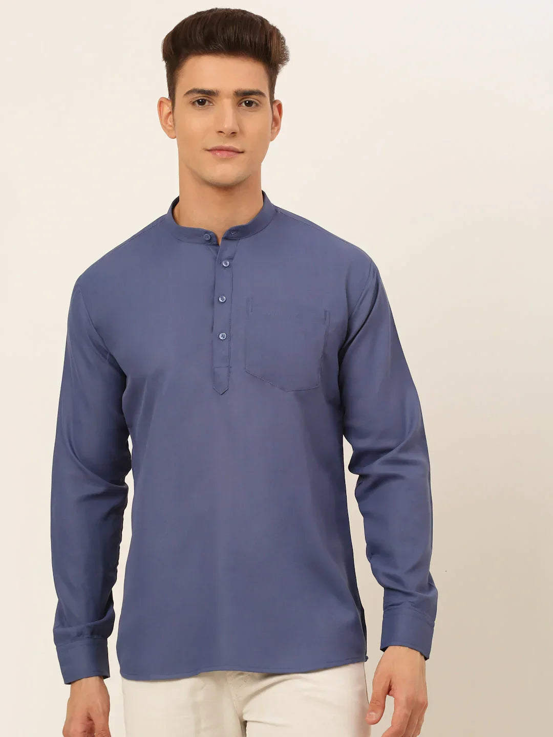 Jompers Men's Blue Solid Cotton Short Kurta | Grocsy