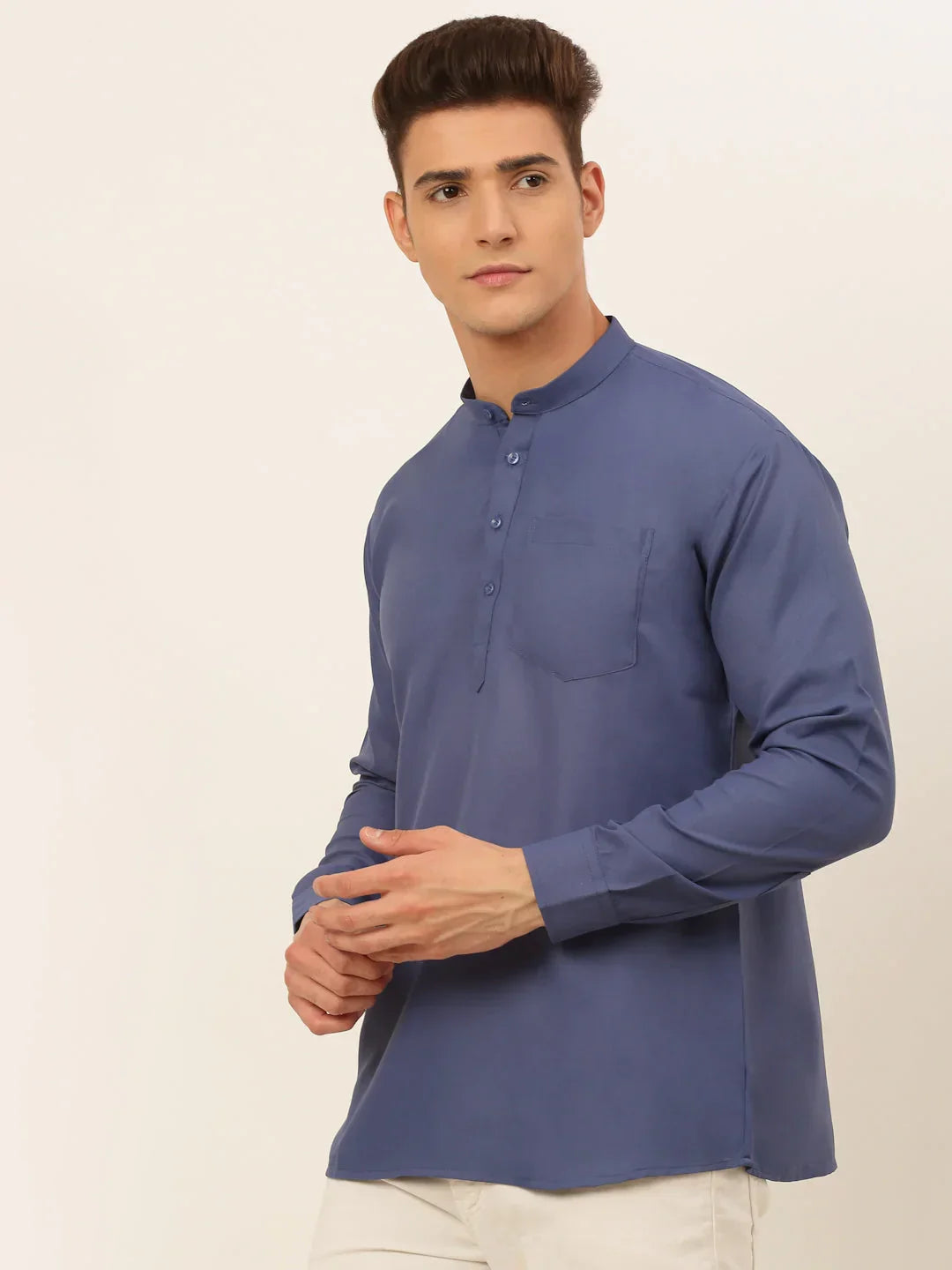 Jompers Men's Blue Solid Cotton Short Kurta | Grocsy