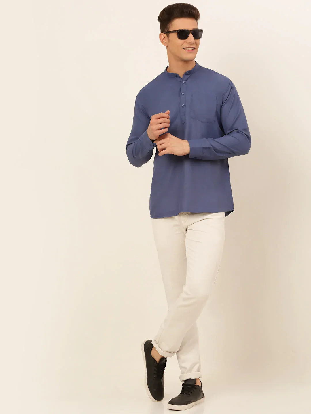 Jompers Men's Blue Solid Cotton Short Kurta | Grocsy
