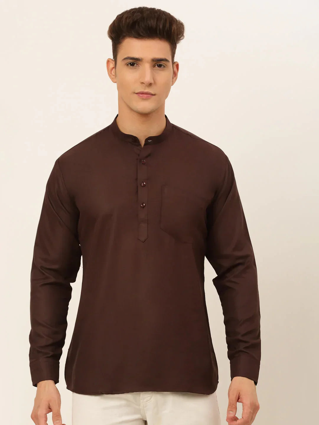 Jompers Men's Coffee Solid Cotton Short Kurta | Grocsy