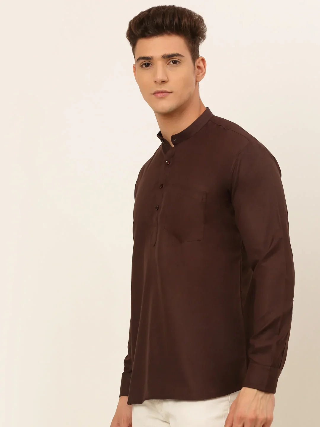 Jompers Men's Coffee Solid Cotton Short Kurta | Grocsy