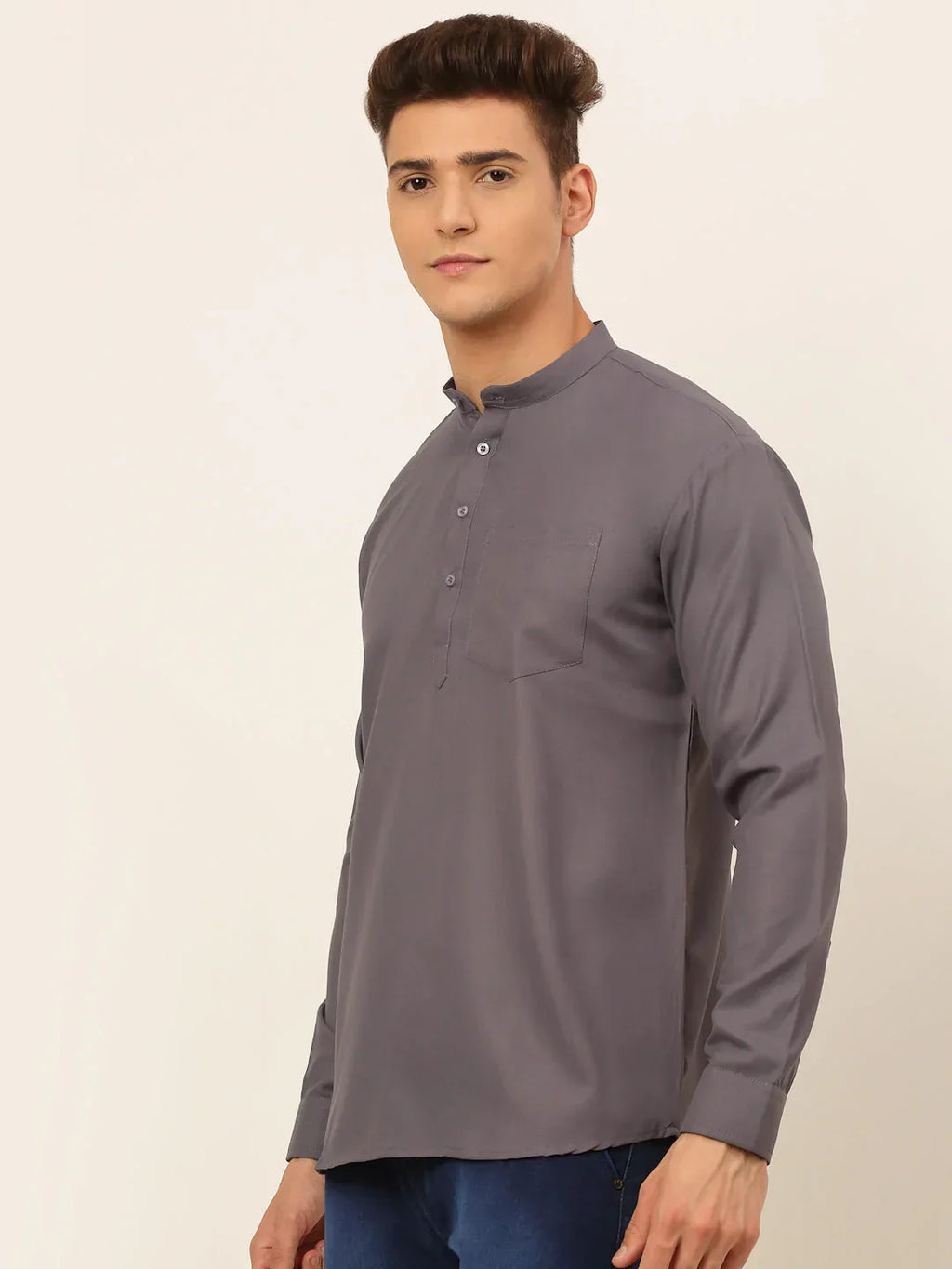 Jompers Men's Grey Solid Cotton Short Kurta | Grocsy