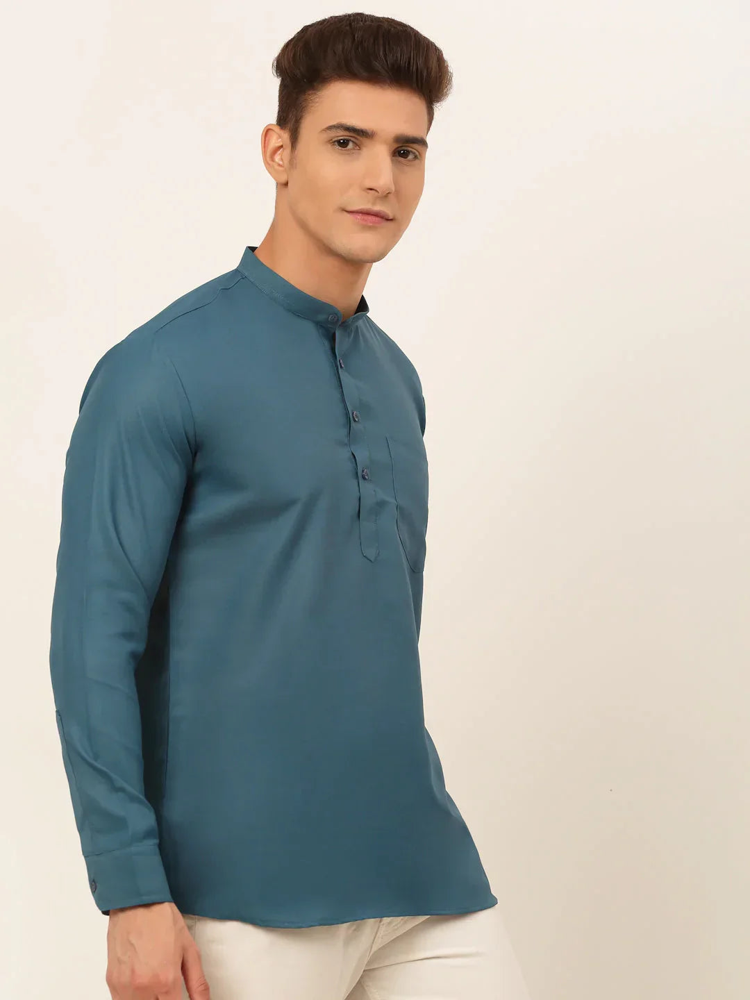 Jompers Men's Teal Blue Solid Cotton Short Kurta - Teal | Grocsy