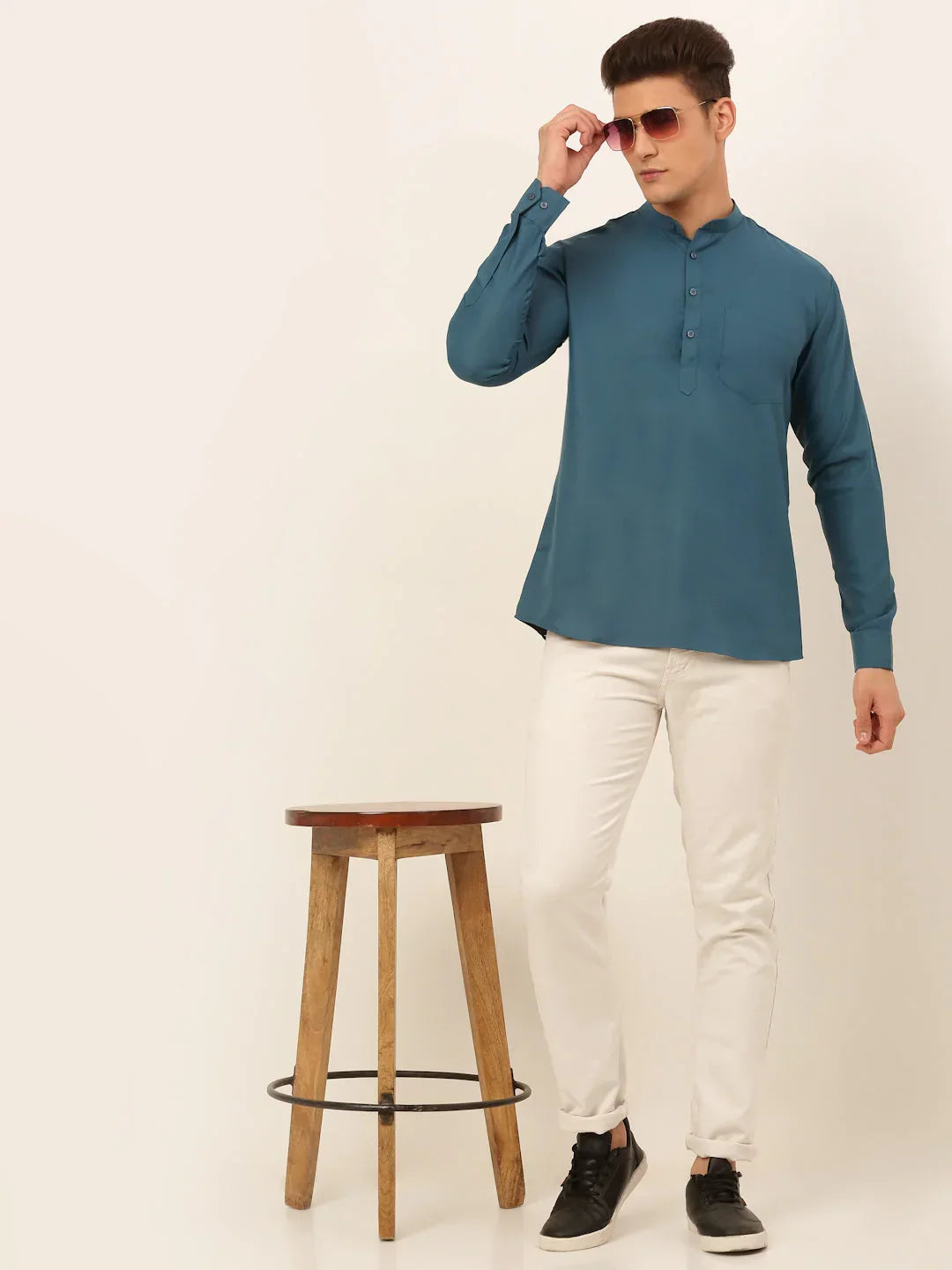 Jompers Men's Teal Blue Solid Cotton Short Kurta - Teal | Grocsy