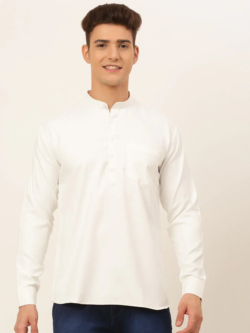Jompers Men's White Solid Cotton Short Kurta - White | Grocsy