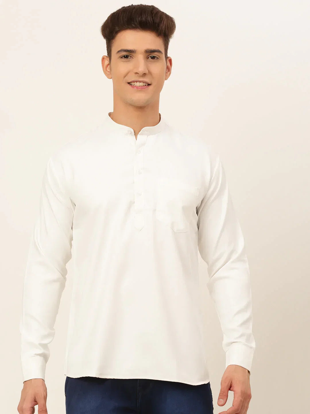 Jompers Men's White Solid Cotton Short Kurta - White | Grocsy