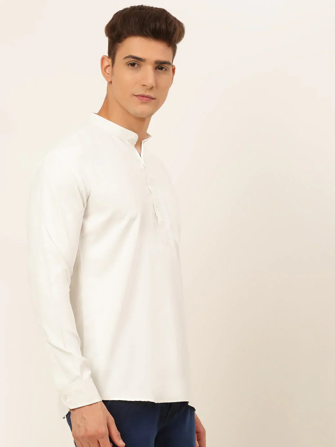 Jompers Men's White Solid Cotton Short Kurta - White | Grocsy