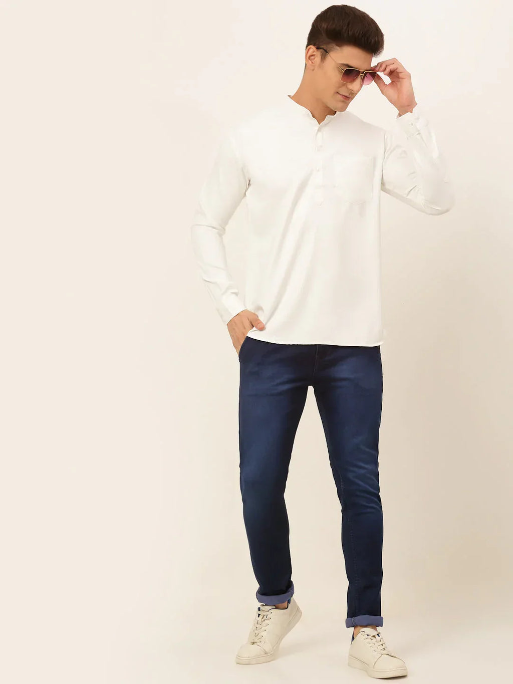 Jompers Men's White Solid Cotton Short Kurta - White | Grocsy