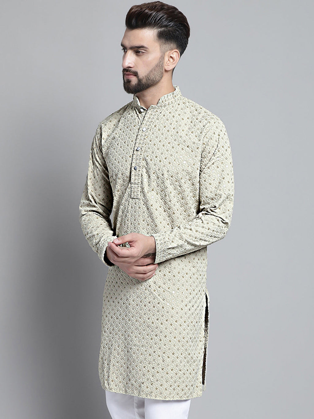 Jompers Men's Beige Chikankari Embroidered and Sequence Kurta Only | Grocsy