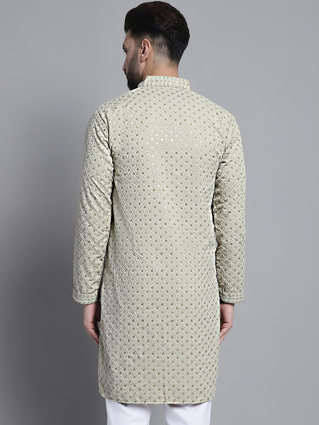 Jompers Men's Beige Chikankari Embroidered and Sequence Kurta Only | Grocsy
