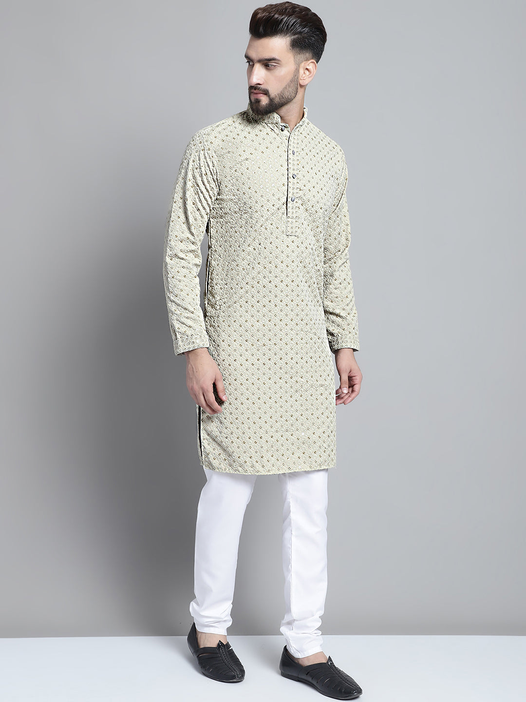 Jompers Men's Beige Chikankari Embroidered and Sequence Kurta Only | Grocsy