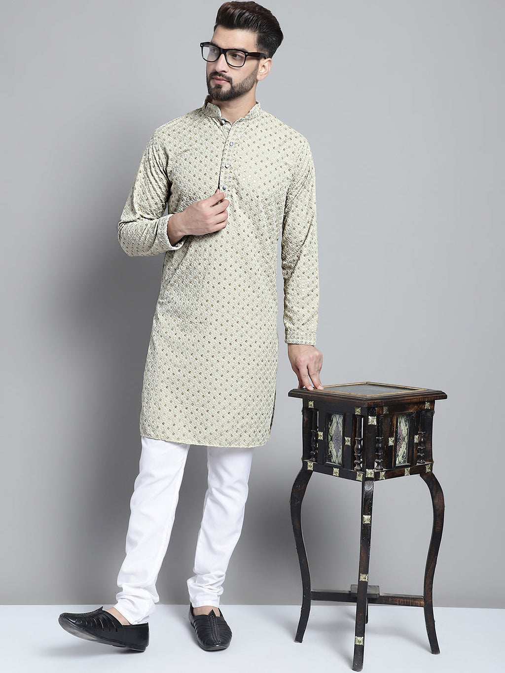 Jompers Men's Beige Chikankari Embroidered and Sequence Kurta Only | Grocsy