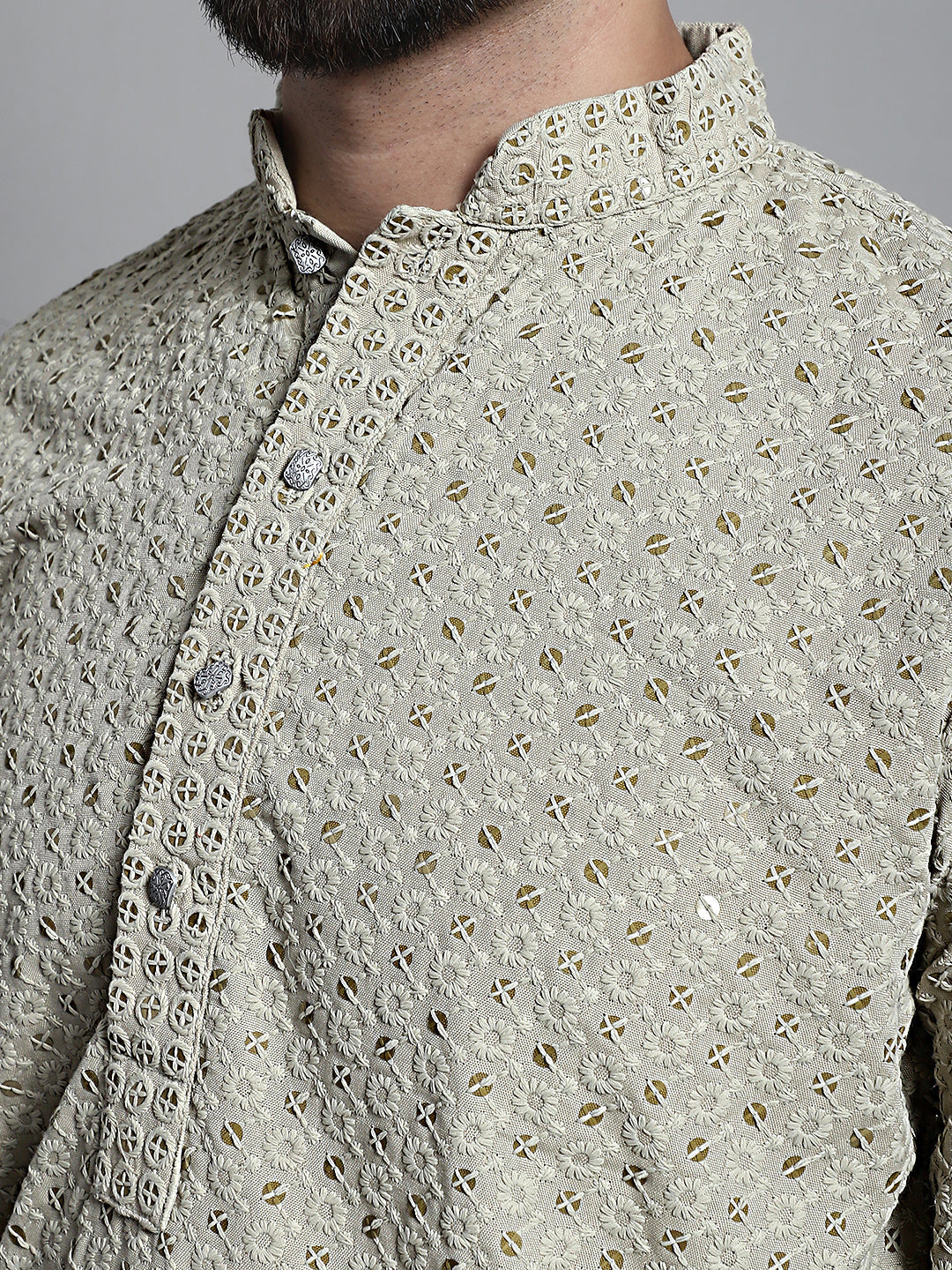 Jompers Men's Beige Chikankari Embroidered and Sequence Kurta Only | Grocsy