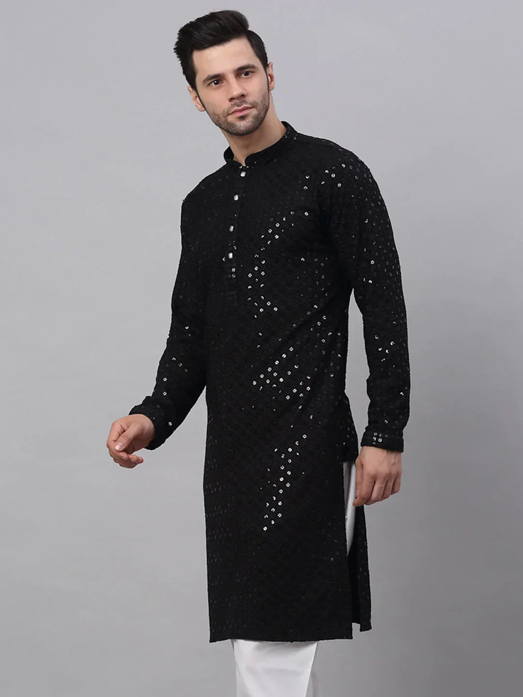 Jompers Men's Black Chikankari Embroidered and Sequence Kurta Only | Grocsy