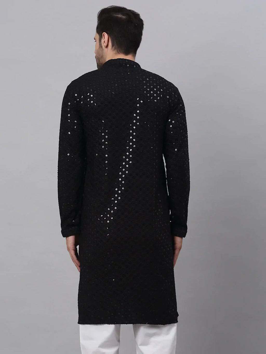 Jompers Men's Black Chikankari Embroidered and Sequence Kurta Only | Grocsy