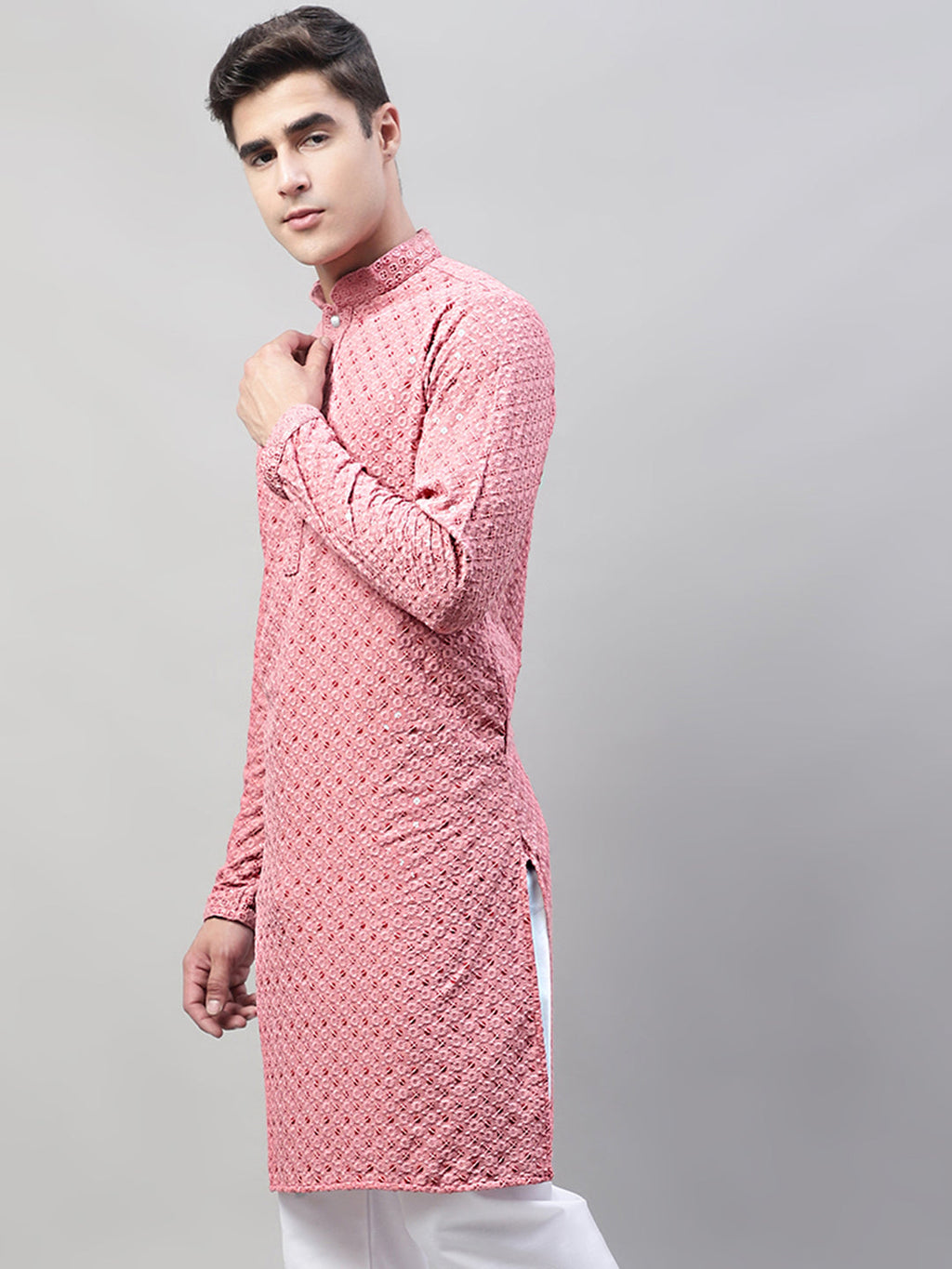 Jompers Men's Coral Red Chikankari Embroidered and Sequence Kurta | Grocsy