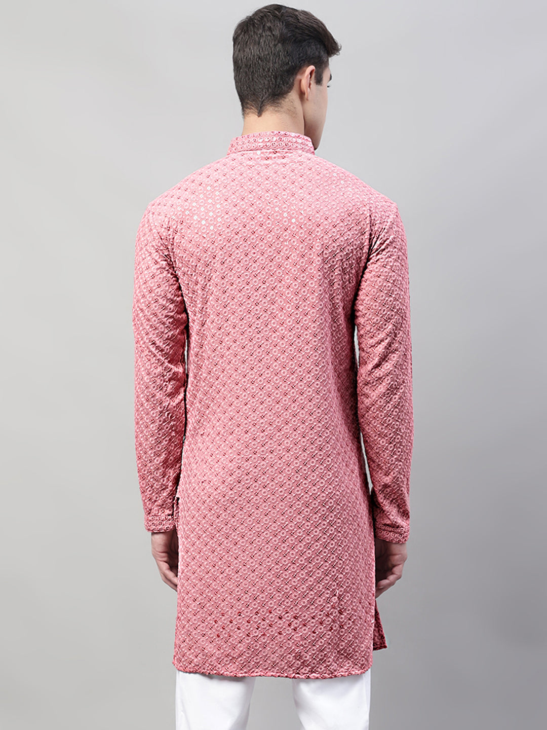 Jompers Men's Coral Red Chikankari Embroidered and Sequence Kurta | Grocsy