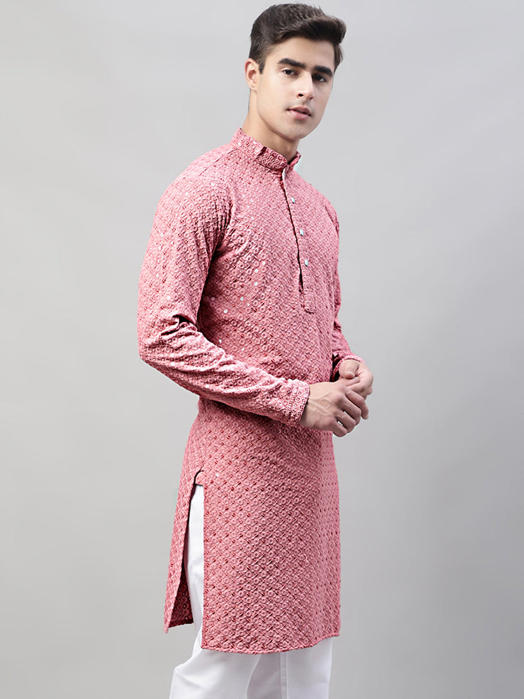 Jompers Men's Coral Red Chikankari Embroidered and Sequence Kurta | Grocsy