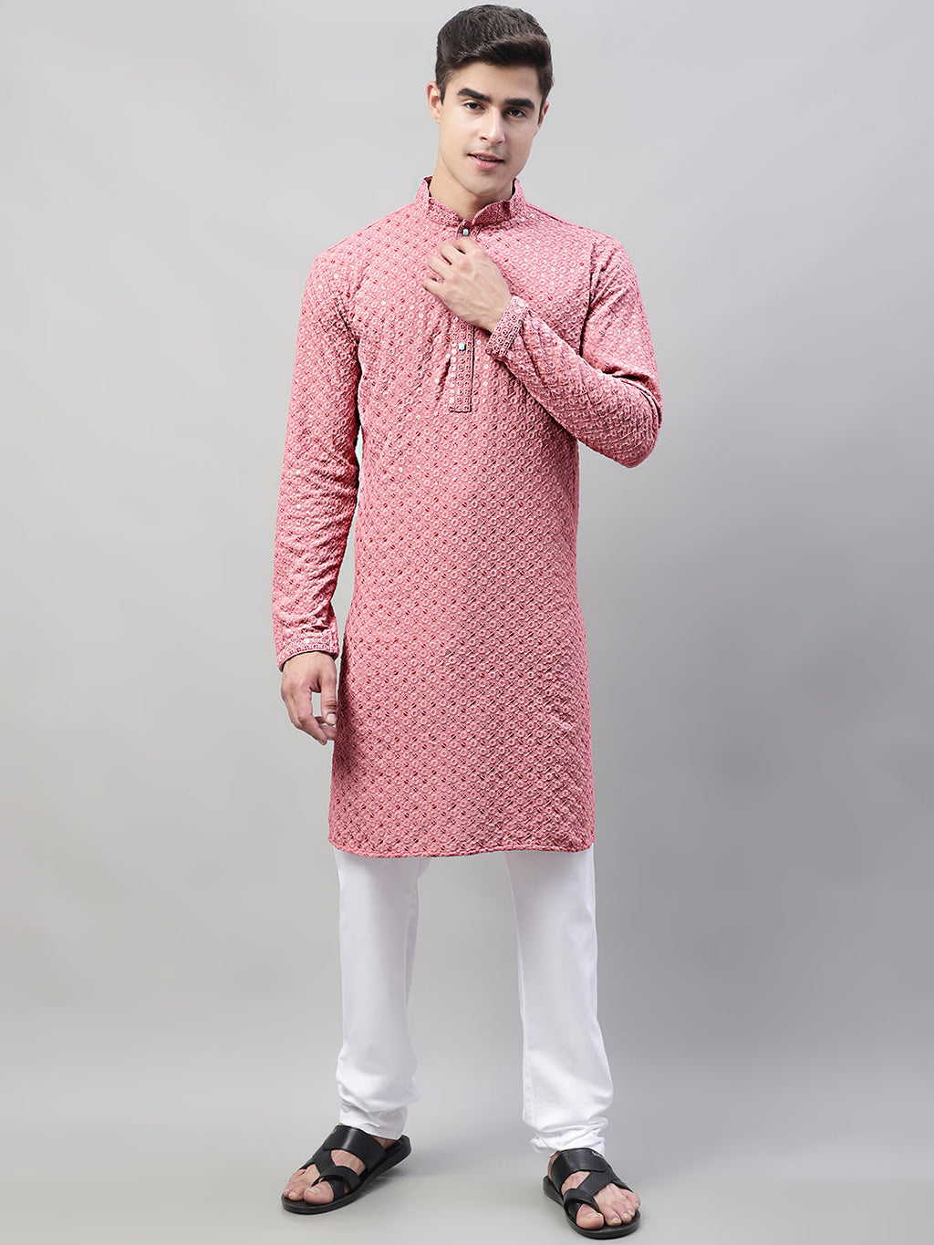 Jompers Men's Coral Red Chikankari Embroidered and Sequence Kurta | Grocsy