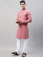 Jompers Men's Coral Red Chikankari Embroidered and Sequence Kurta | Grocsy
