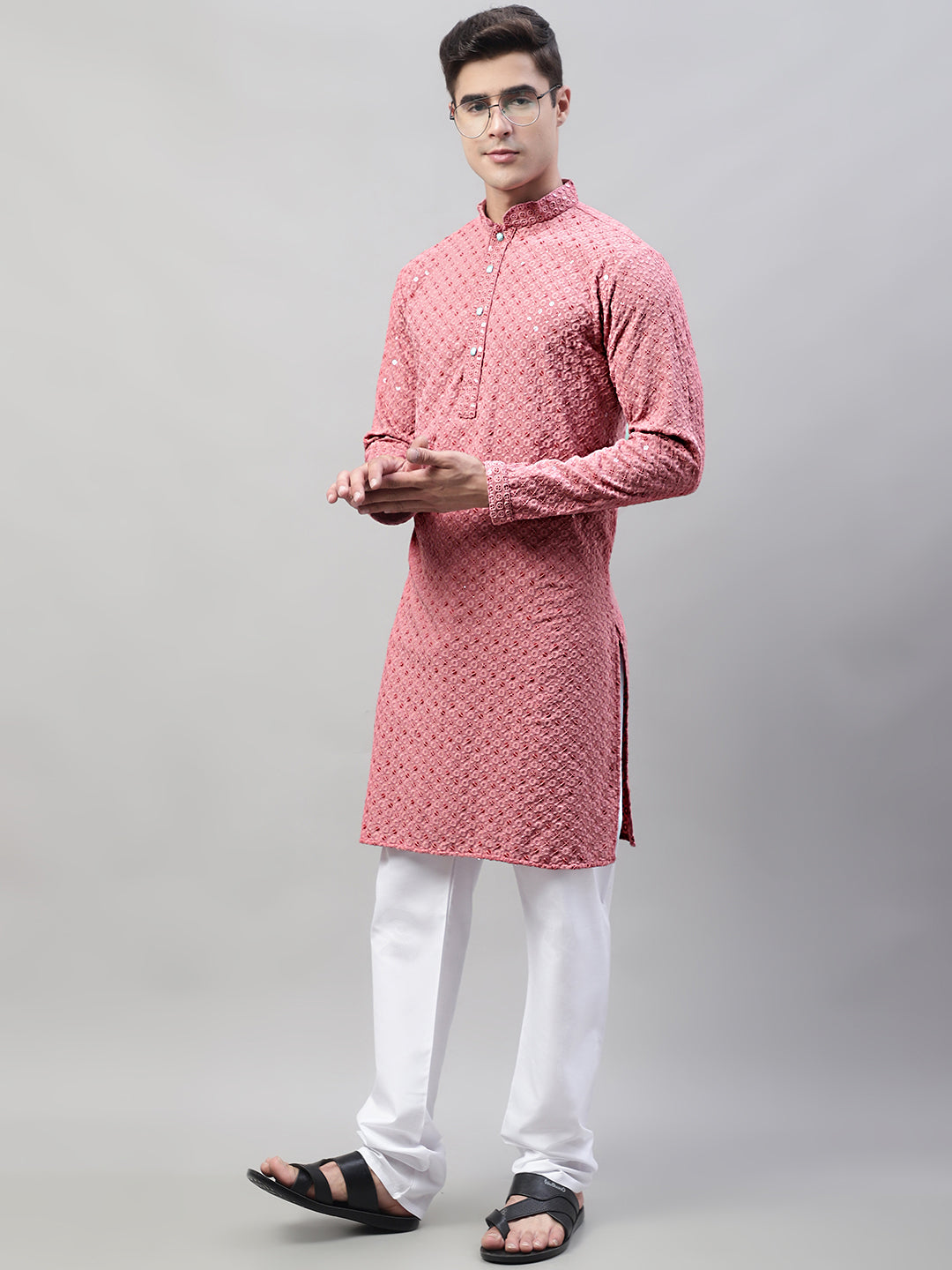 Jompers Men's Coral Red Chikankari Embroidered and Sequence Kurta | Grocsy