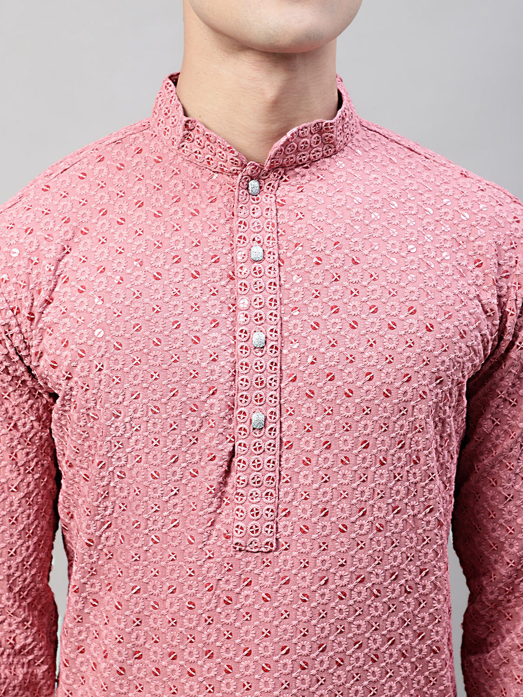 Jompers Men's Coral Red Chikankari Embroidered and Sequence Kurta | Grocsy
