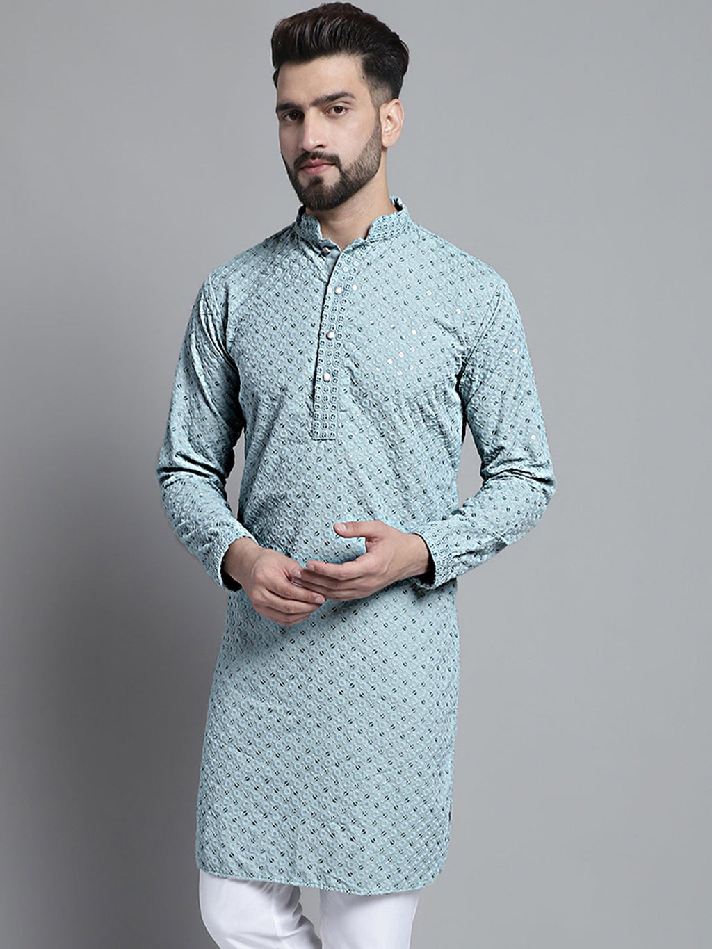 Jompers Men's Blue Chikankari Embroidered and Sequence Kurta Only | Grocsy