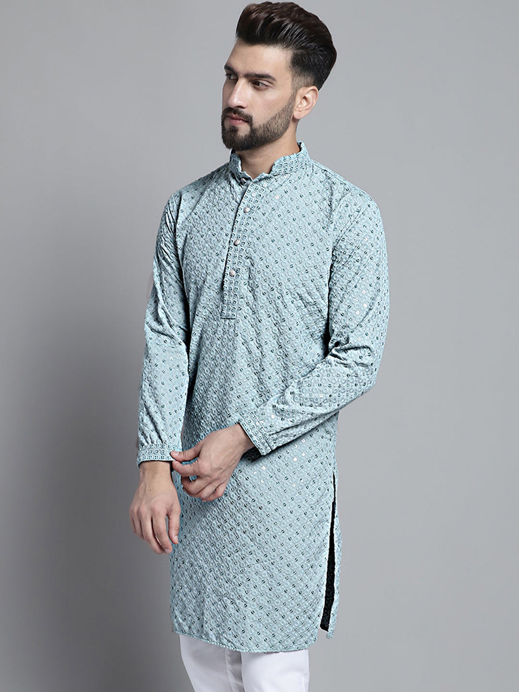 Jompers Men's Blue Chikankari Embroidered and Sequence Kurta Only | Grocsy