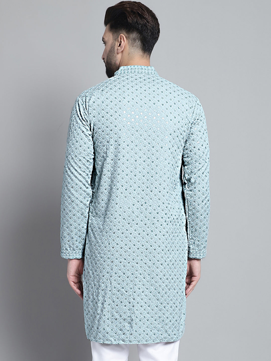 Jompers Men's Blue Chikankari Embroidered and Sequence Kurta Only | Grocsy