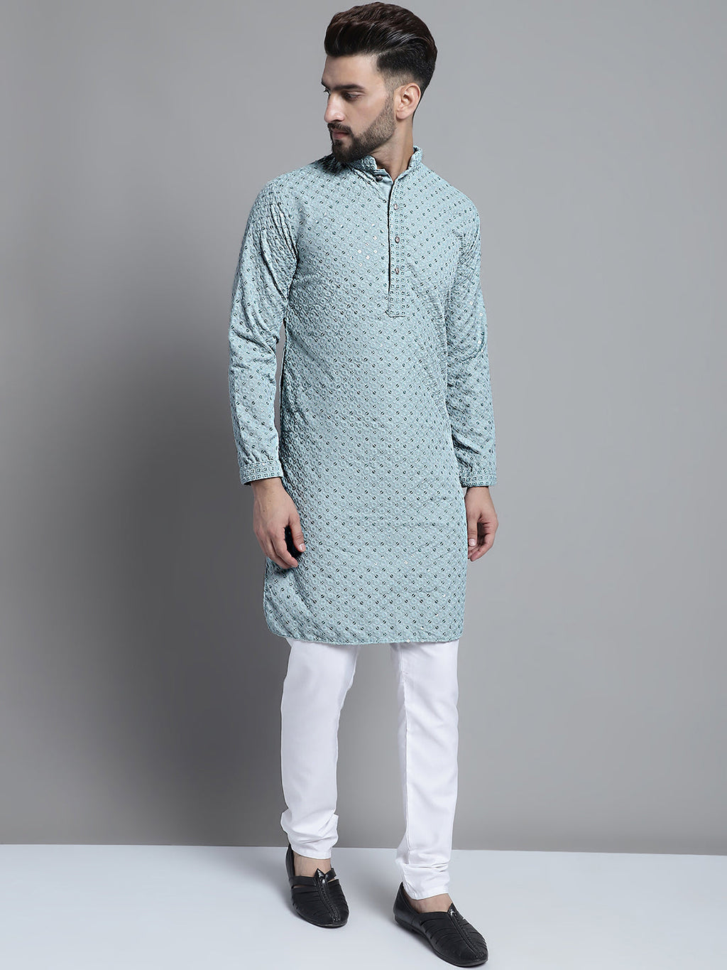 Jompers Men's Blue Chikankari Embroidered and Sequence Kurta Only | Grocsy