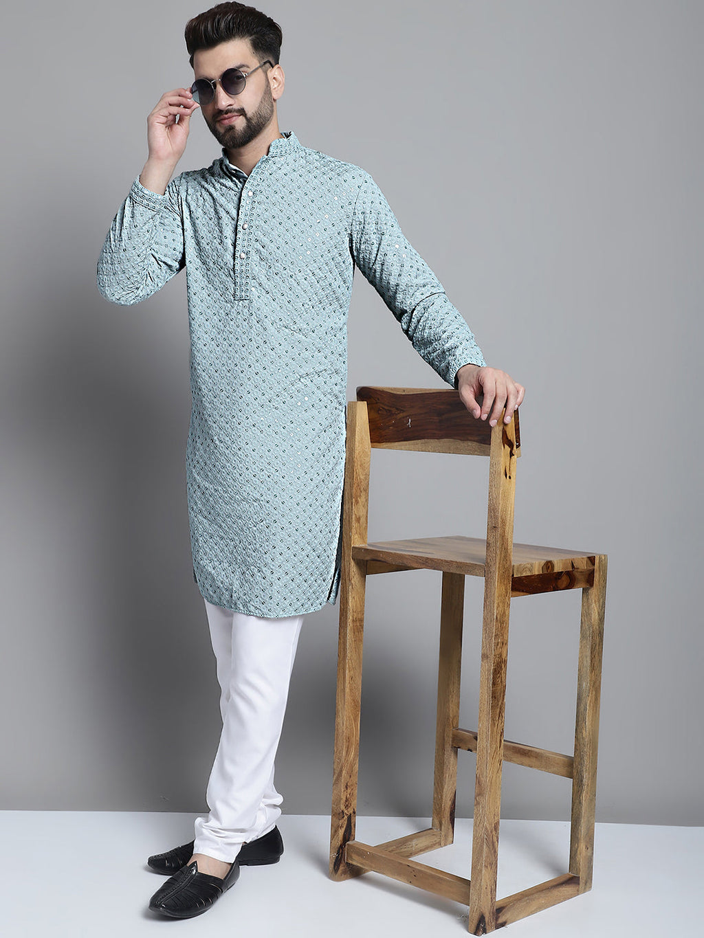 Jompers Men's Blue Chikankari Embroidered and Sequence Kurta Only | Grocsy