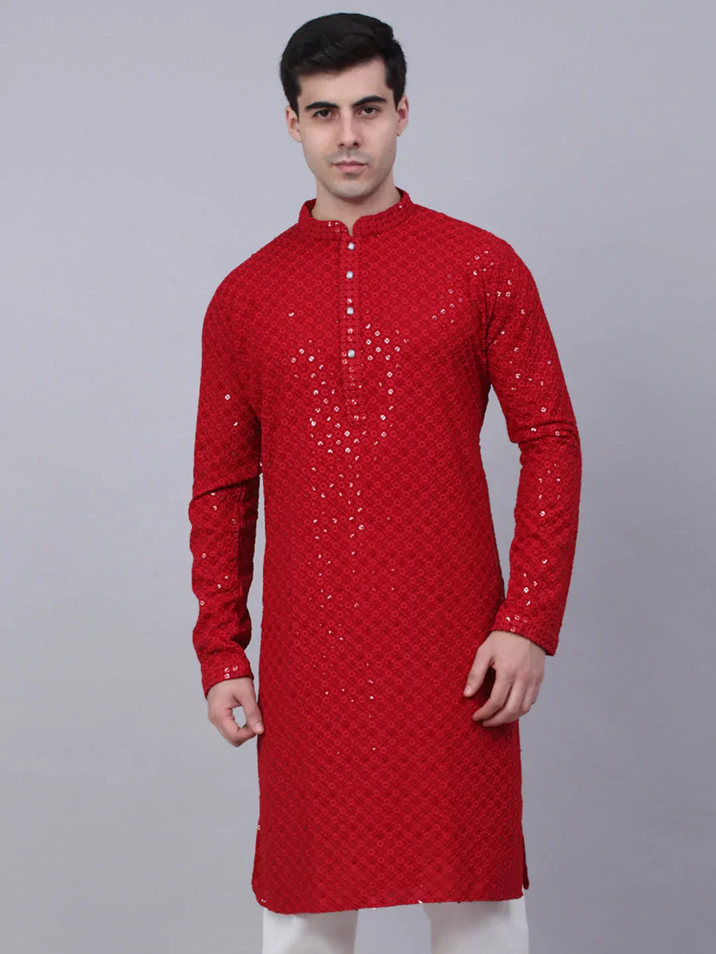 Jompers Men's Maroon Chikankari Embroidered and Sequence Kurta Only | Grocsy