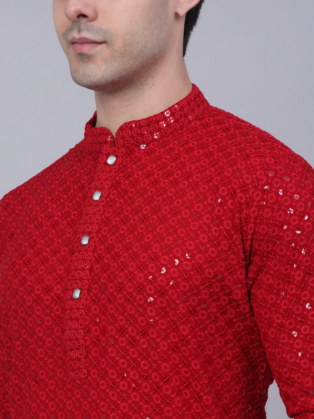 Jompers Men's Maroon Chikankari Embroidered and Sequence Kurta Only | Grocsy