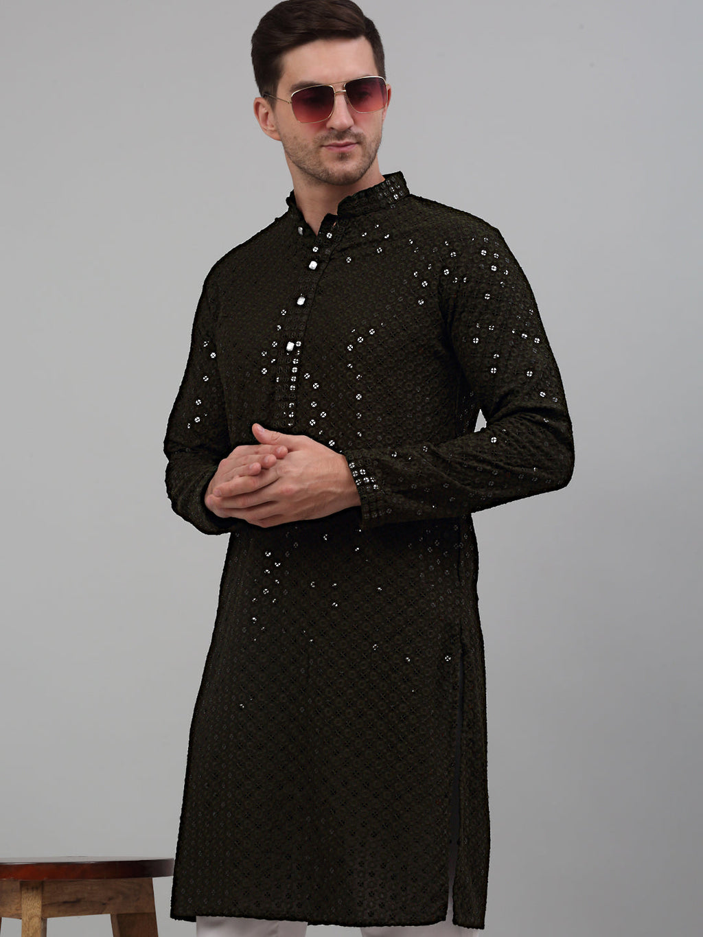 Jompers Men's Mehndi Green Chikankari Embroidered and Sequence Kurta Only | Grocsy