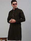 Jompers Men's Mehndi Green Chikankari Embroidered and Sequence Kurta Only | Grocsy