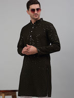 Jompers Men's Mehndi Green Chikankari Embroidered and Sequence Kurta Only | Grocsy