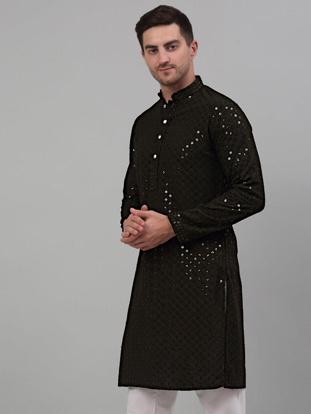Jompers Men's Mehndi Green Chikankari Embroidered and Sequence Kurta Only | Grocsy