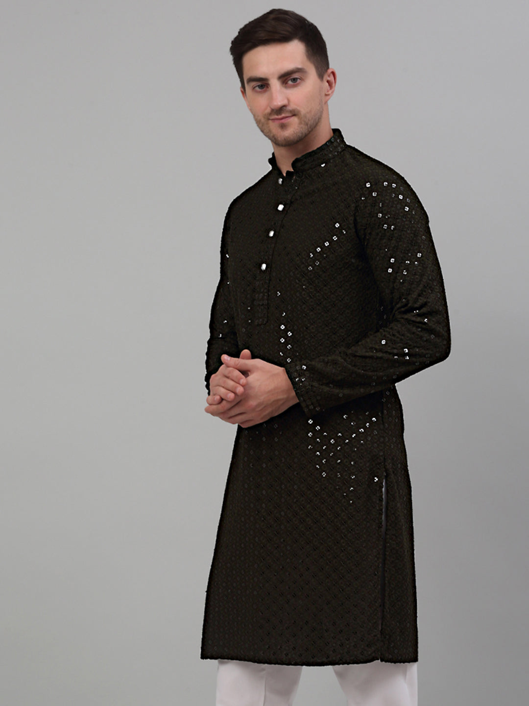 Jompers Men's Mehndi Green Chikankari Embroidered and Sequence Kurta Only | Grocsy