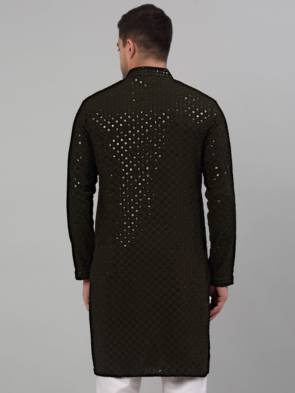 Jompers Men's Mehndi Green Chikankari Embroidered and Sequence Kurta Only | Grocsy