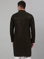 Jompers Men's Mehndi Green Chikankari Embroidered and Sequence Kurta Only | Grocsy