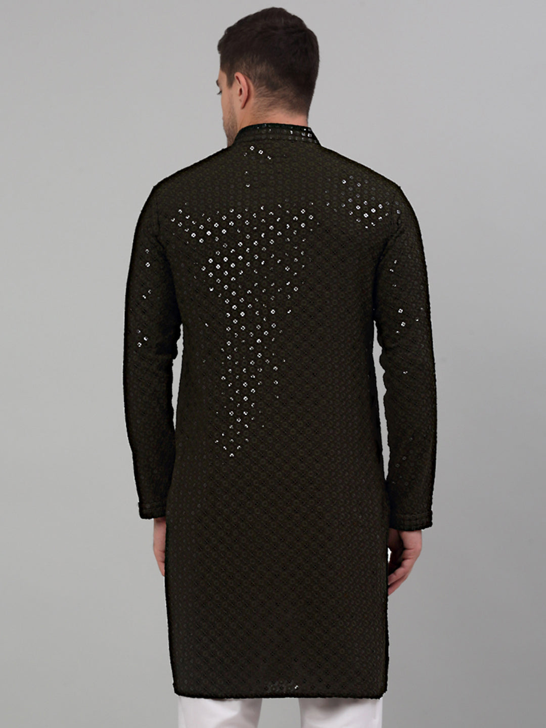 Jompers Men's Mehndi Green Chikankari Embroidered and Sequence Kurta Only | Grocsy