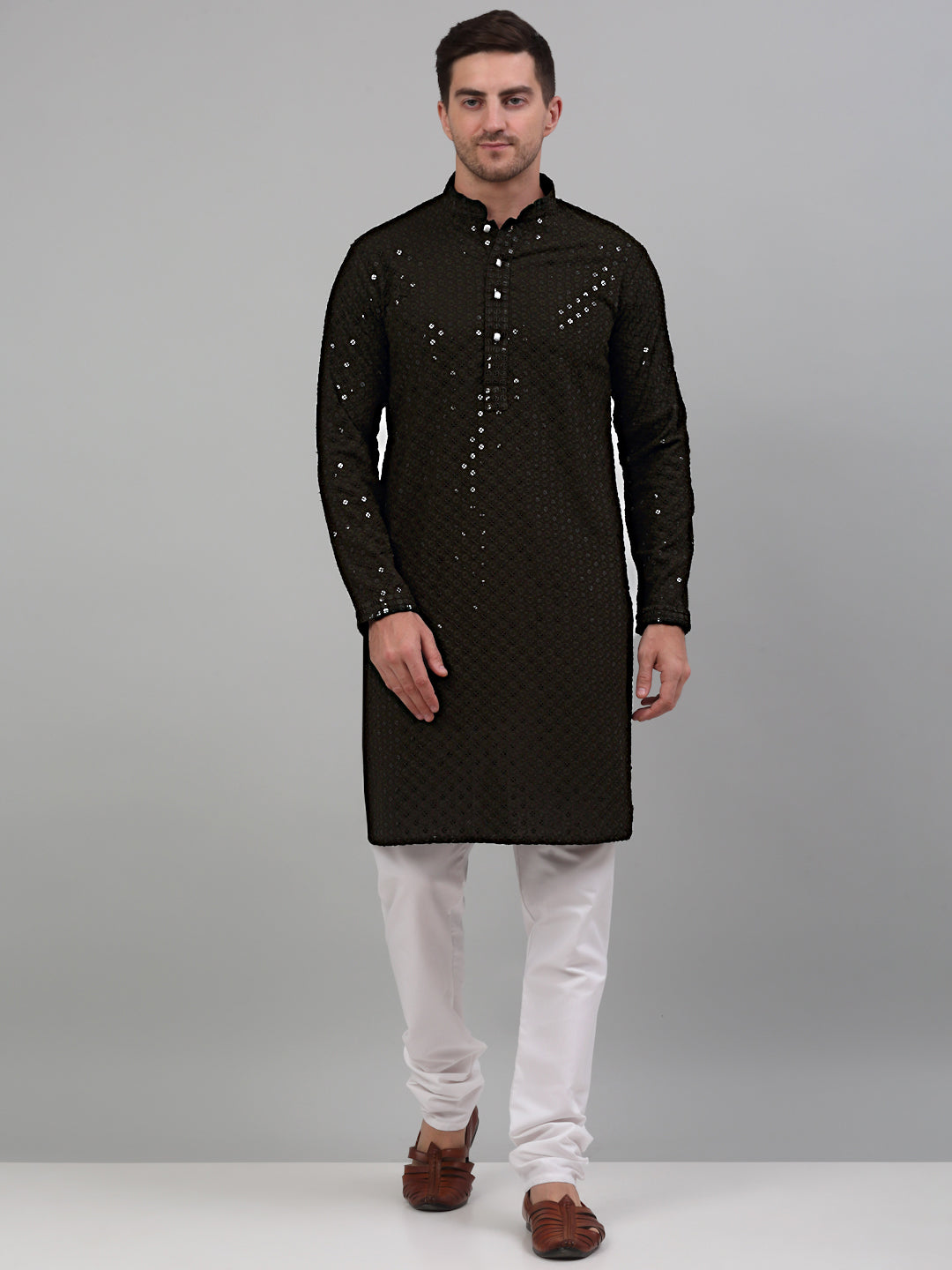 Jompers Men's Mehndi Green Chikankari Embroidered and Sequence Kurta Only | Grocsy
