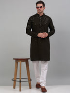Jompers Men's Mehndi Green Chikankari Embroidered and Sequence Kurta Only | Grocsy