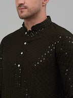 Jompers Men's Mehndi Green Chikankari Embroidered and Sequence Kurta Only | Grocsy