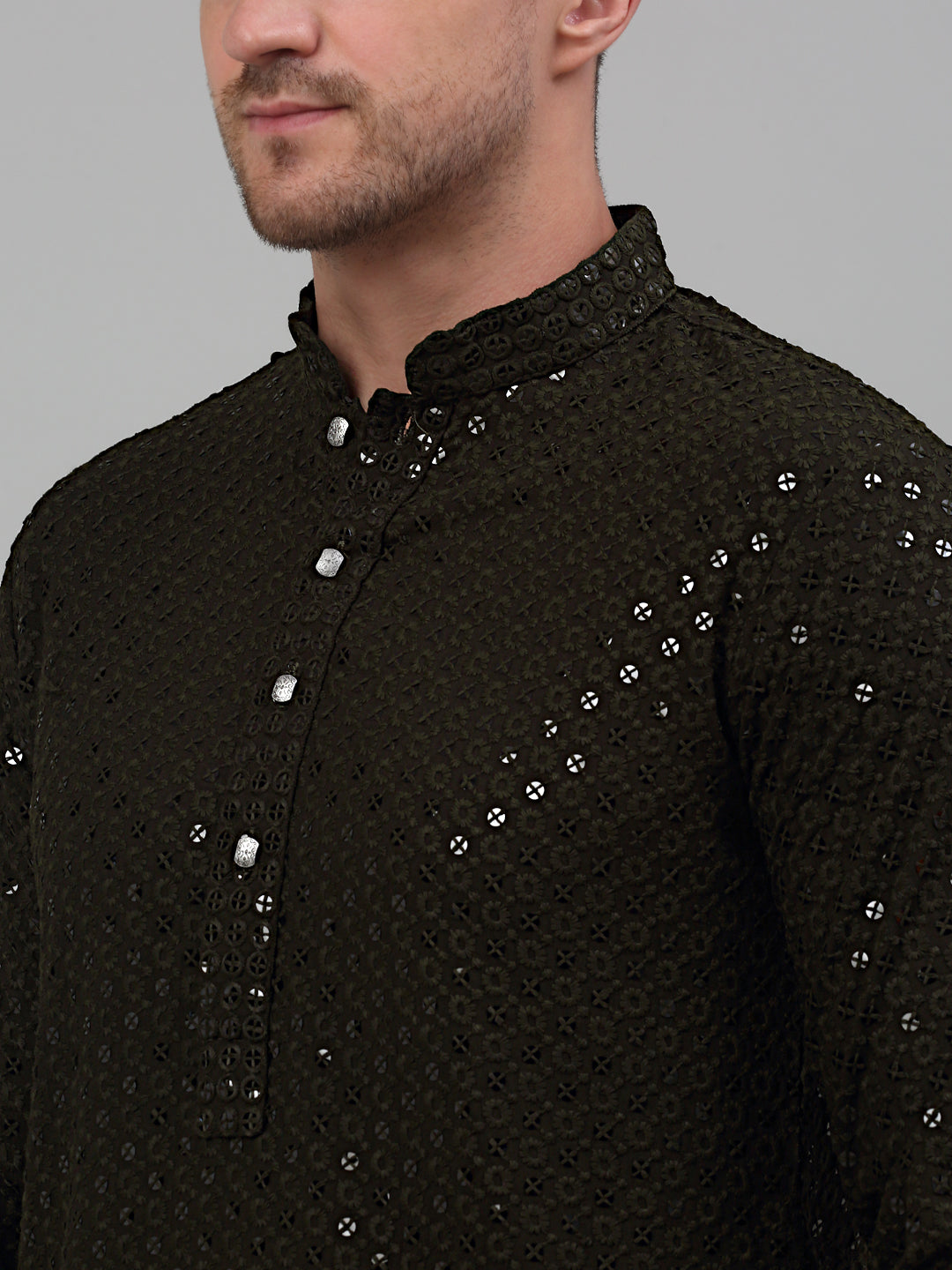 Jompers Men's Mehndi Green Chikankari Embroidered and Sequence Kurta Only | Grocsy