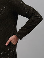 Jompers Men's Mehndi Green Chikankari Embroidered and Sequence Kurta Only | Grocsy