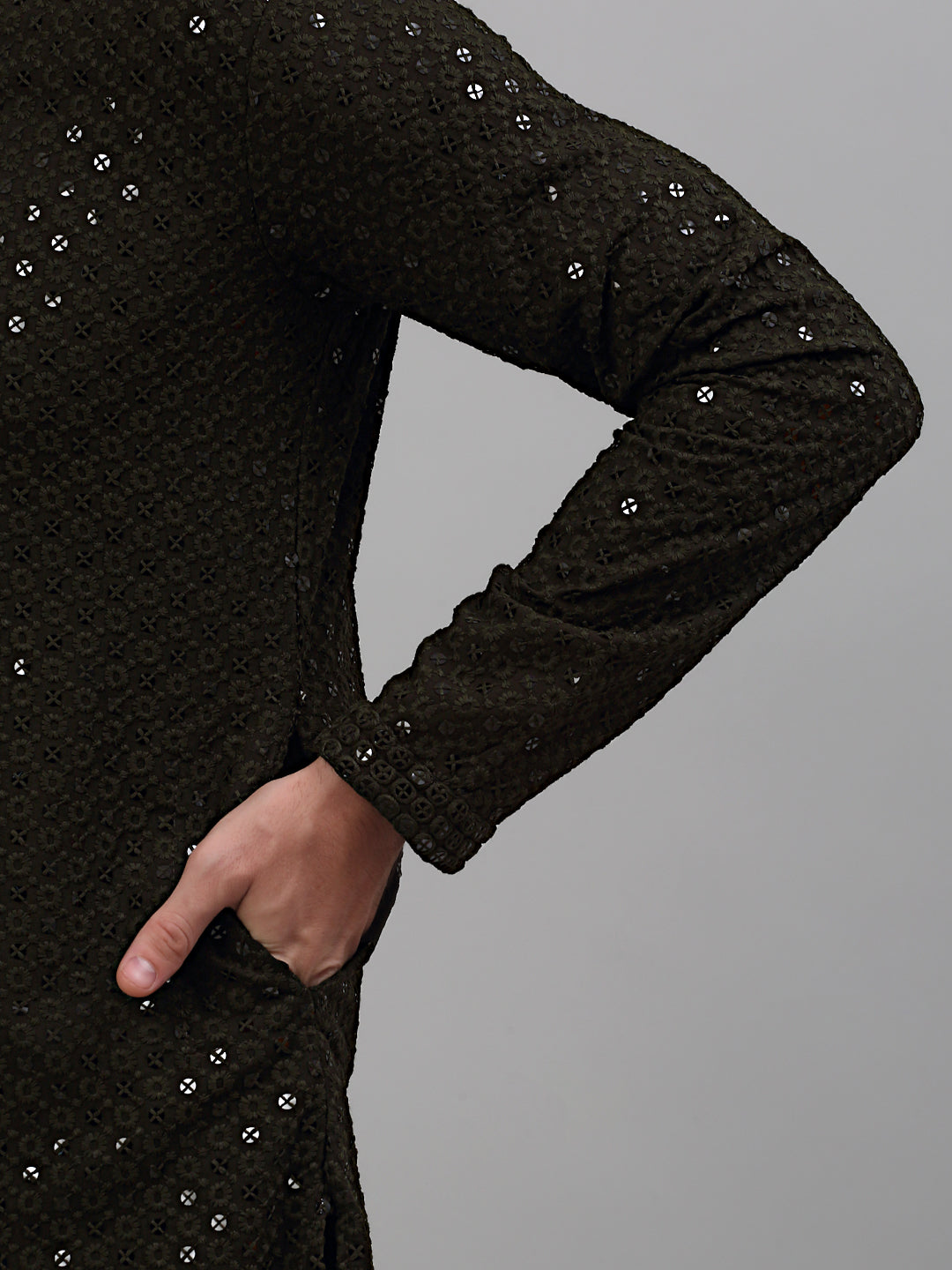 Jompers Men's Mehndi Green Chikankari Embroidered and Sequence Kurta Only | Grocsy