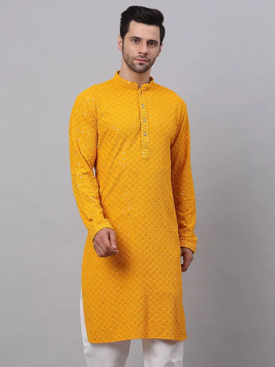 Jompers Men's Mustard Chikankari Embroidered and Sequence Kurta Only | Grocsy