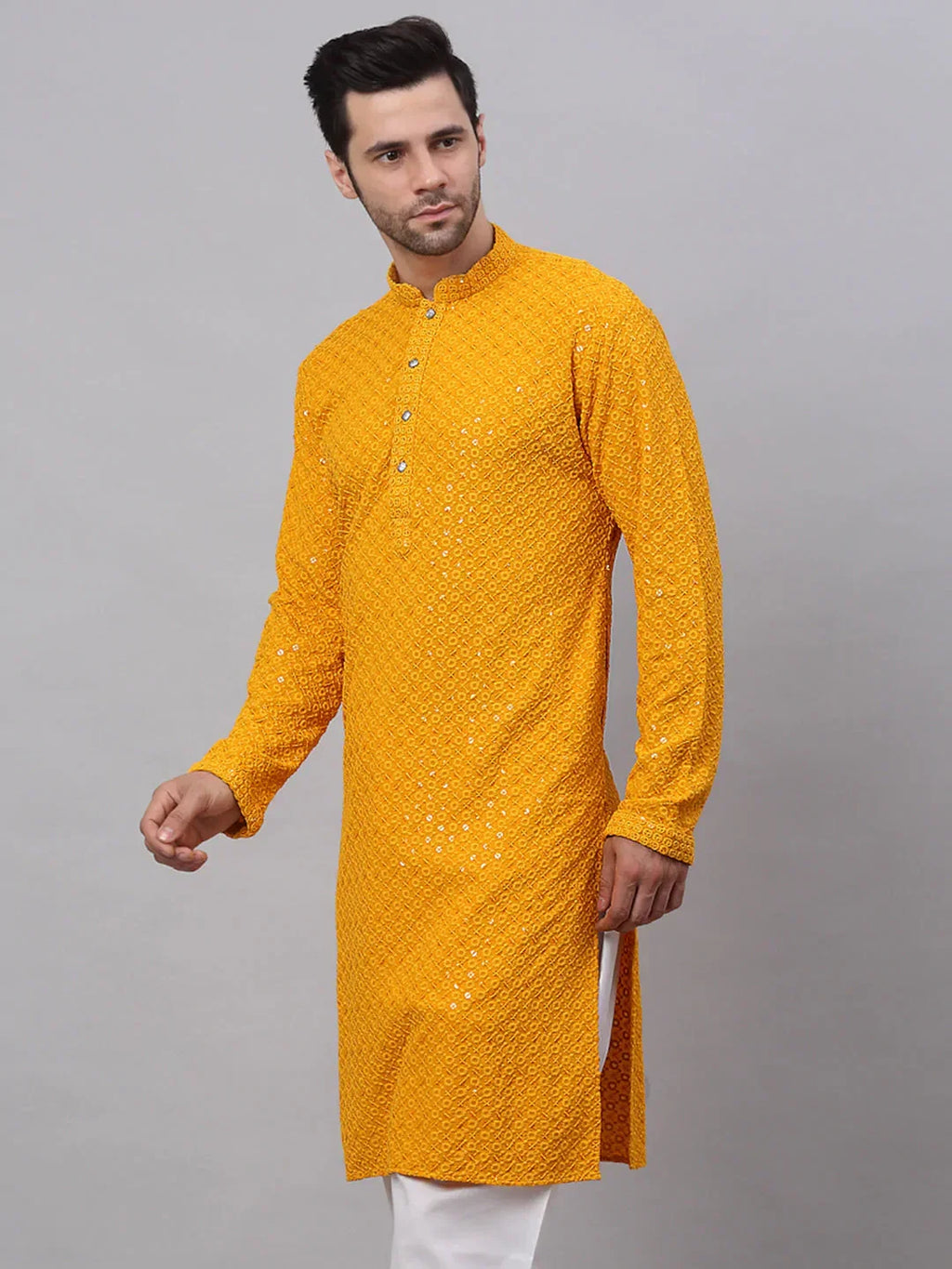 Jompers Men's Mustard Chikankari Embroidered and Sequence Kurta Only | Grocsy